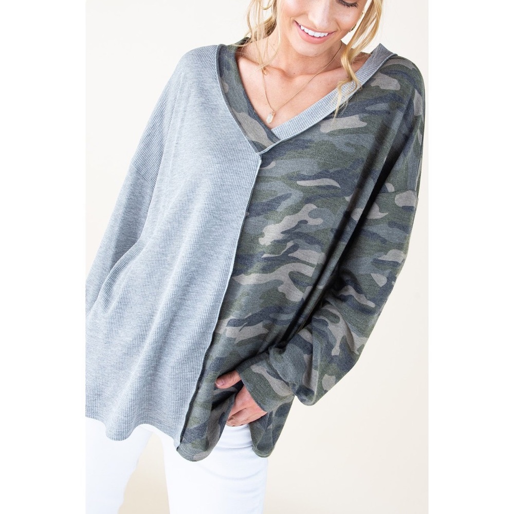 LAST 2! Heather Grey Half Camo Long Sleeve Top
